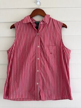 Lauren Ralph Lauren Striped Sleeveless Shirt XL Red Pink Cotton Coastal Preppy